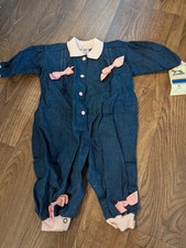 Nwt Vintage Buster Brown Romper 12m Denim One Piece Girls Bows Usa Snap