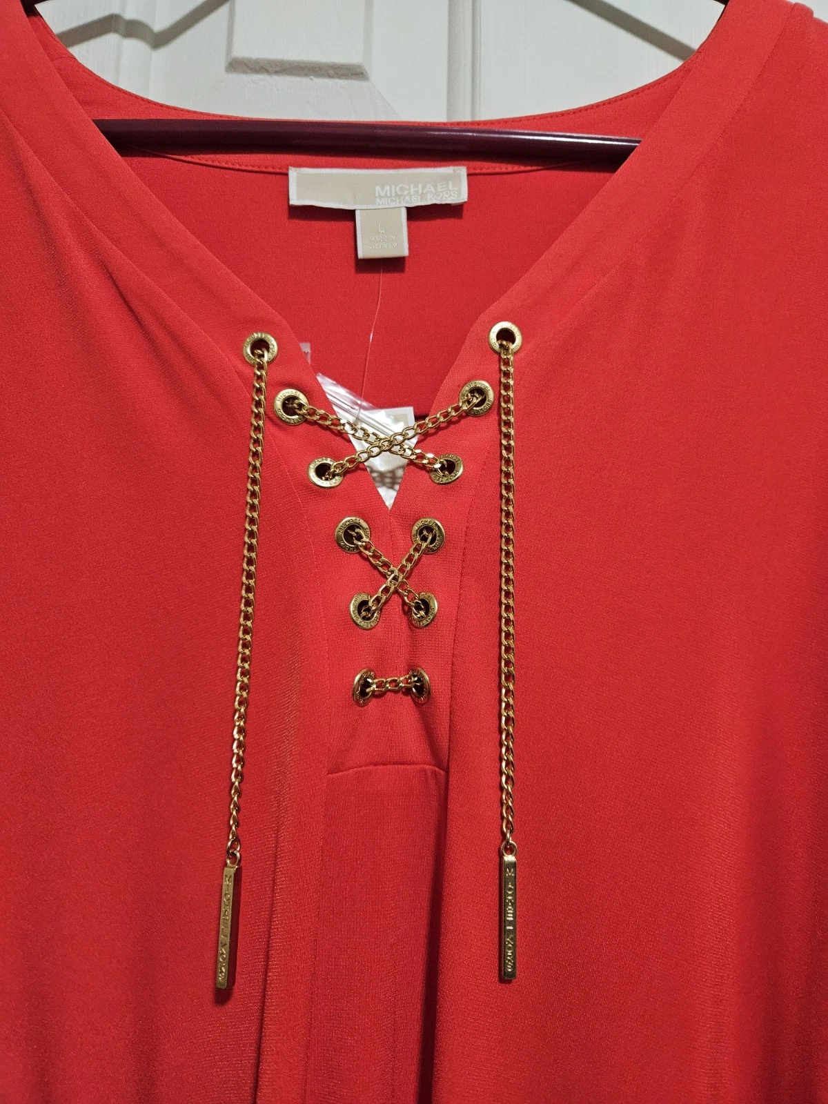 Abito MICHAEL KORS TG LG MANICA LUNGA con ROLL TAB arancione poli carriera nuovo con etichette