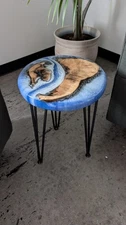 Handmade Blue Epoxy Ocean River stool table Birch  boho beach 18" home decor