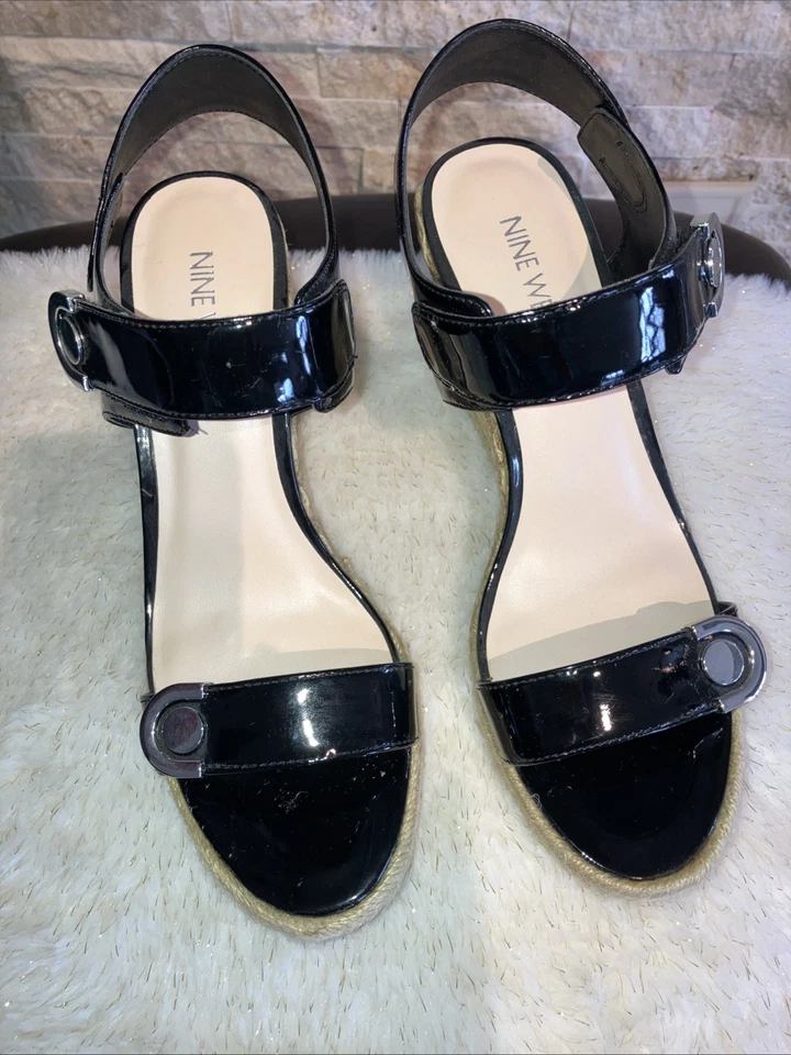 Sandalias cuñas alpargata charol negro Nine West Ezybrezyo talla 8 Foto 3 de 4