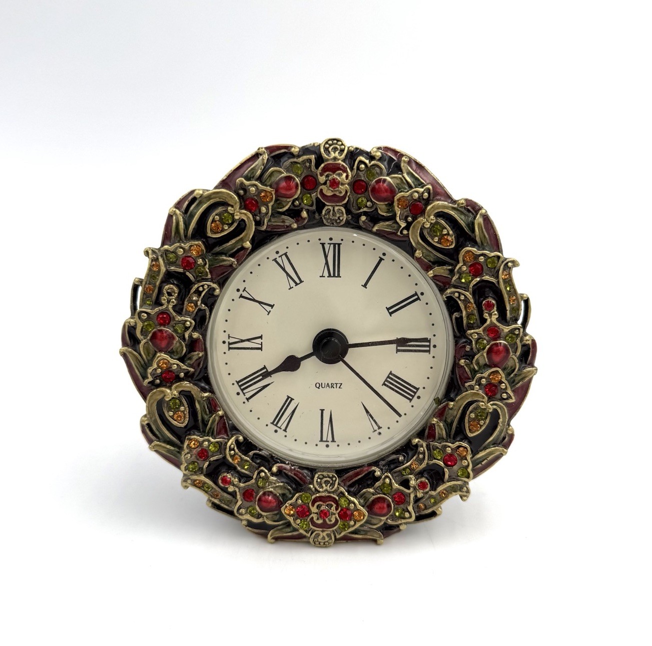 Ornate Red & Gold Jeweled Tabletop Quartz Clock w Magnetic Back