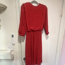 Vintage Silvercord Red Black Geometric Pleated Long Sleeve Midi Dress Size 8