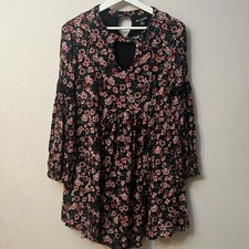 Nina Leonard mini floral red and black dress relax loose size M Y2k boho