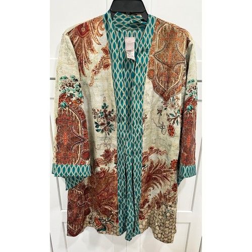 Chico's Paisley Print Open Front Kimono Duster Jacket Teal Trim Size 3