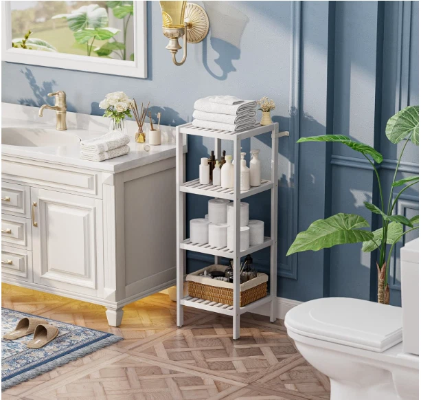 Estantería baño 4 niveles bambú blanco, organizador multifuncional para hogar. Foto 3 de 4