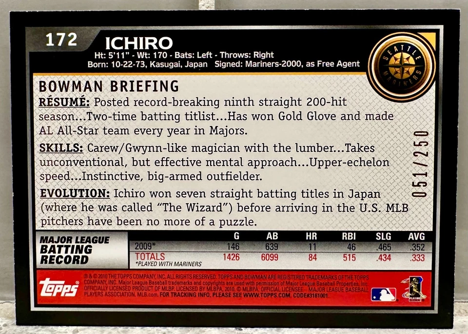 CAMISETA # PARTIDO! Topps Bowman Ichiro Suzuki 51/250 2010! MARINEROS (1/1)! Foto 2 de 3