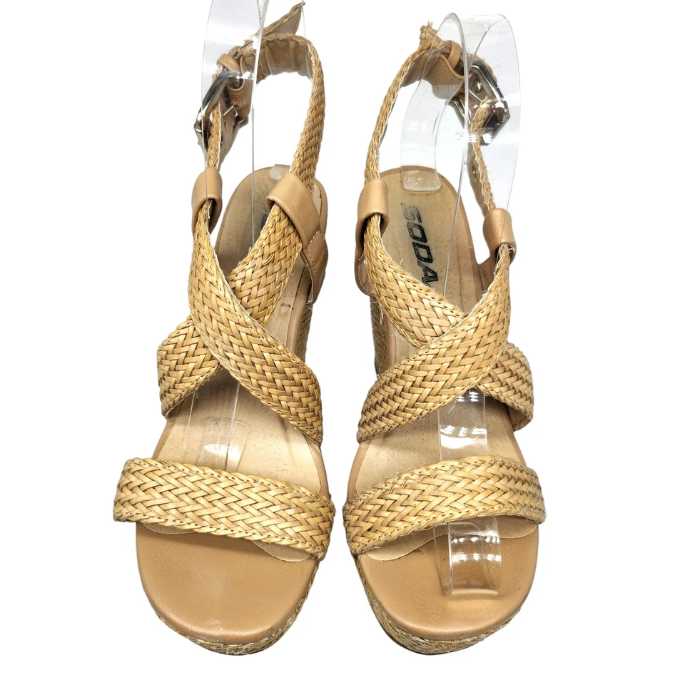Soda Heels Womens 6 Tan Rattan Wedges Peep Toe Strappy Boho Bohemian Woven - Image 3 of 4