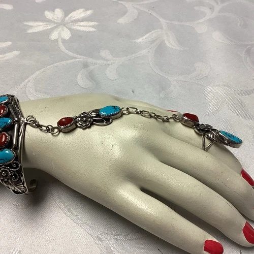VTG Native American Slave Cuff Bracelet Ring Coral Turquoise on Sterling Silver