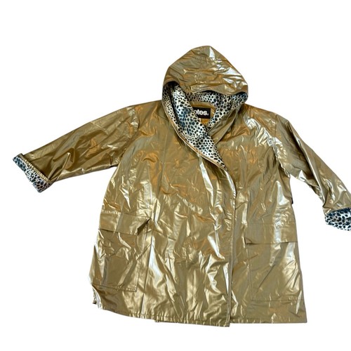 Totes Raincoat Women’s L/XL Gold Leopard Print Lining Hooded Open No Tie Belt - Picture 2 of 8