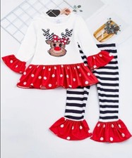 NEW Boutique Girls Reindeer Tunic Ruffle Leggings Christmas Outfit