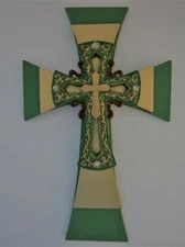  3 LAYER CROSS, GREEN & GOLD PAINTED WOOD W/ DECORATED CROSS ON TOP -  8"X5' NEW