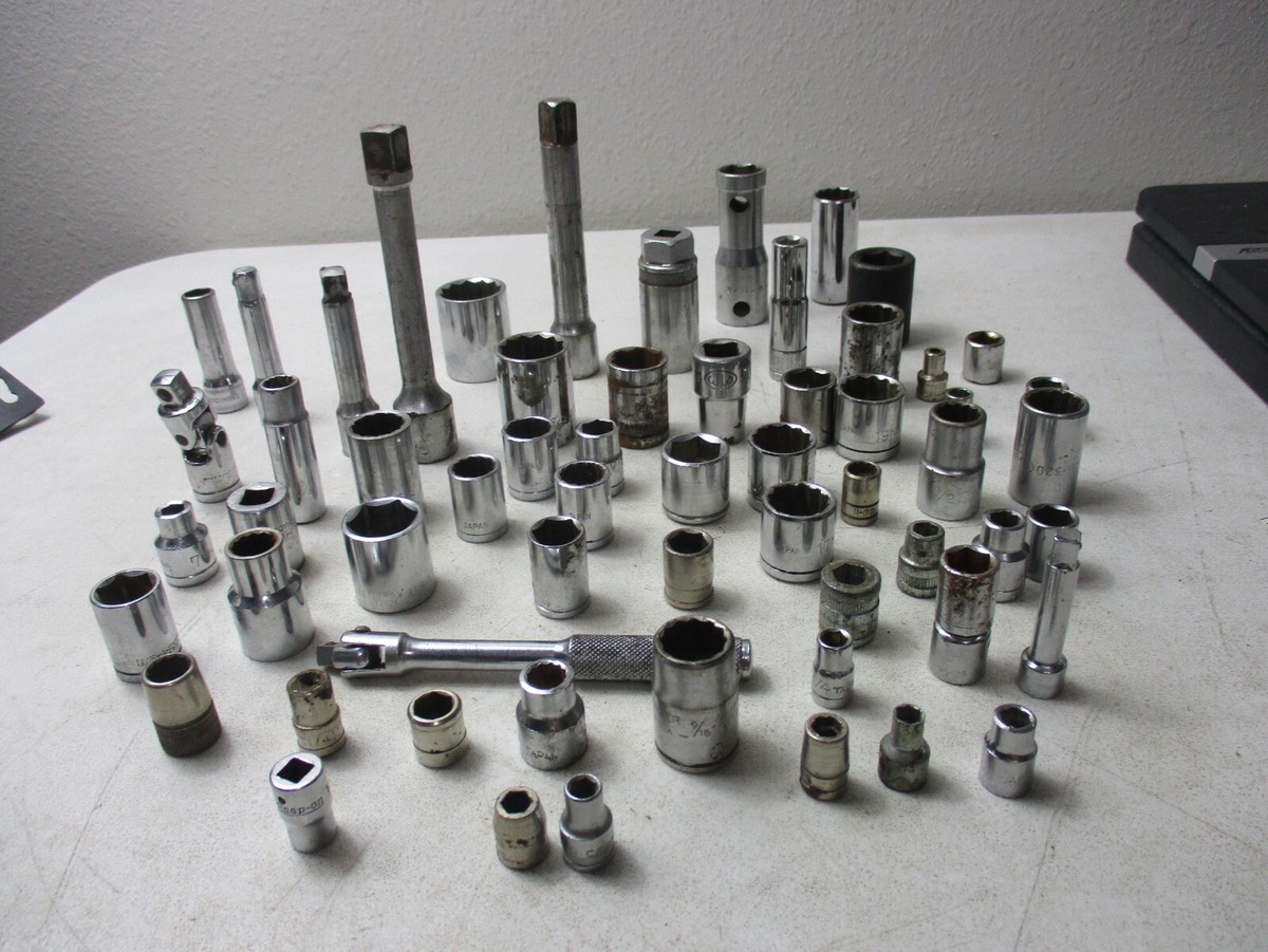 50+ Vintage assorted sockets 1/4 3/8 1/2 Huskey Japan WW C-T-C and