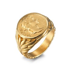 ROMAN EMPIRE KING CAESAR RING STAINLESS STEEL GOLD PLATED SOLID BACK SIZE 7-12