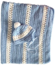 Crocheted light blue baby blanket / throw with matching cap