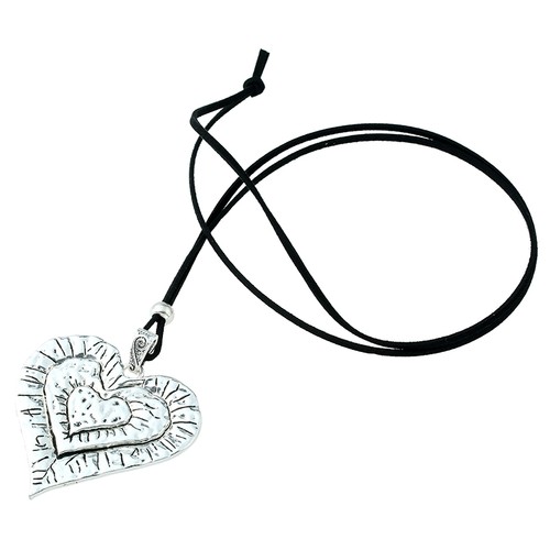 Large Statement abstract metal heart pendant on long Suede necklace Lagenlook - Picture 15 of 23