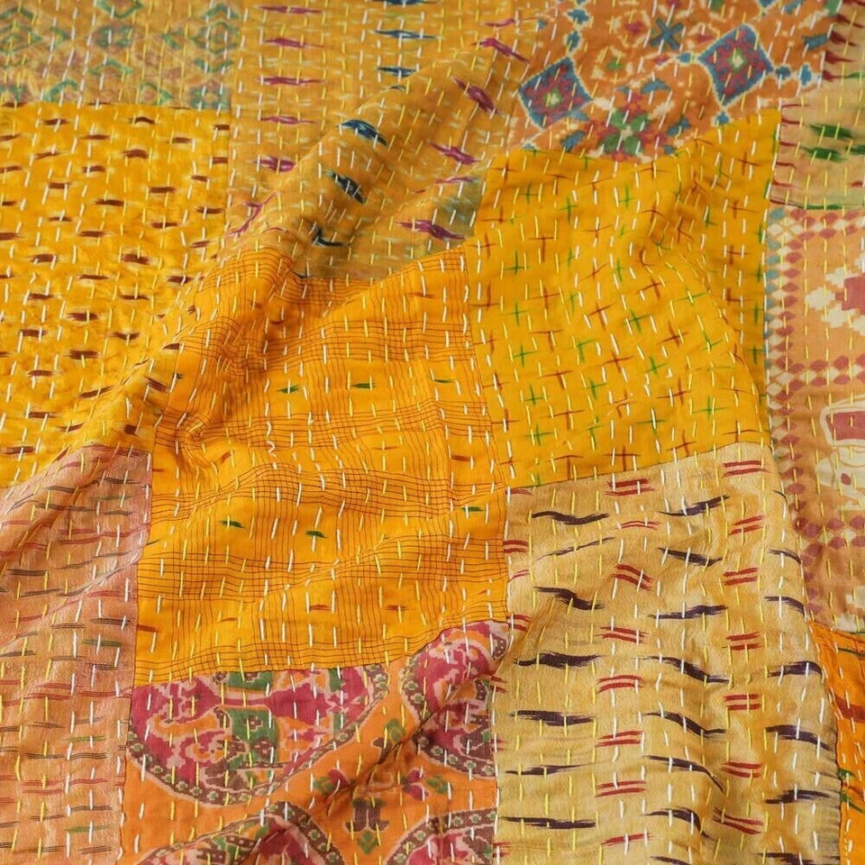 Colcha Kantha hecha a mano india multicolor retazos colcha manta de seda tiro Foto 4 de 4