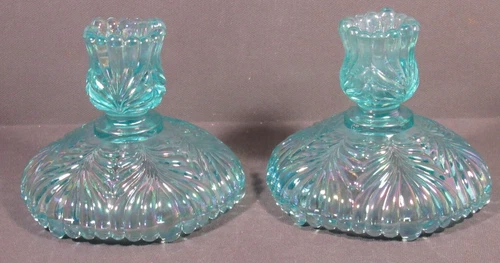 Fenton Blue Glass Sea Mist Candlesticks Pair Irridescent Feather Vtg 3' x 4.25"