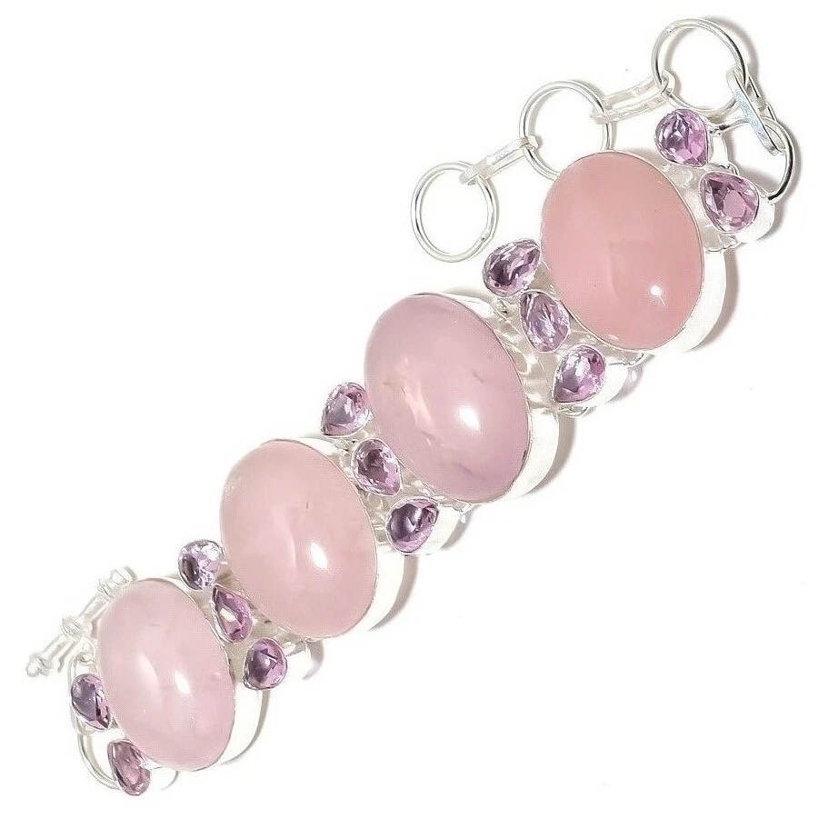 Этнический браслет ручной работы из стерлингового серебра 925 пробы с розовым кварцем и драгоценными камнями 8 дюймов - Изображение 4 из 4