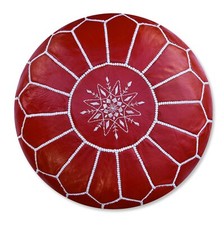 Pouf in pelle marocchina rosso e bianco - consegnato imbottito, poggiapiedi