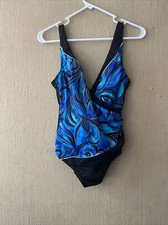 Longitude Swimsuit sz 10 Black Blue wrap one piece swim slimming cross over