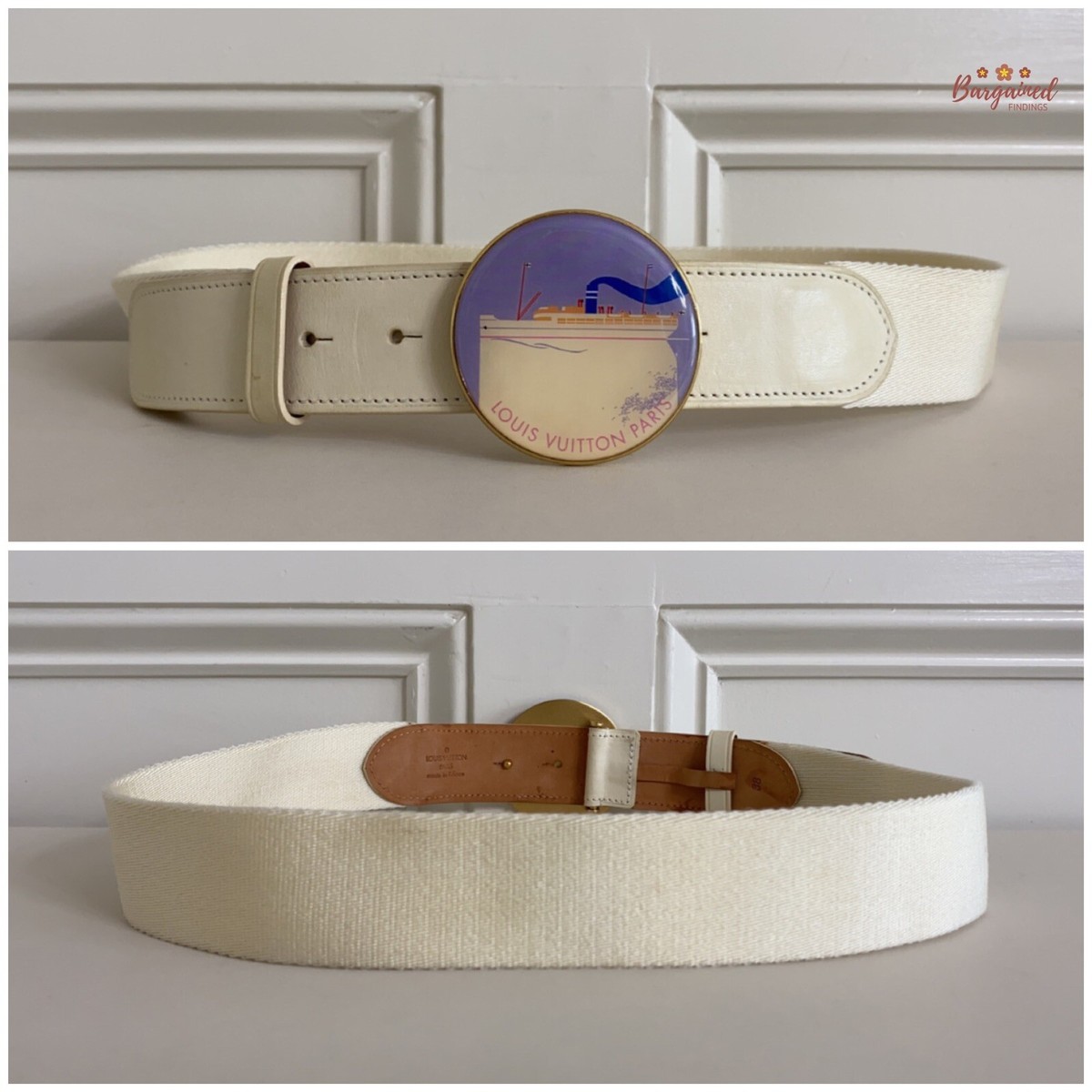 Authentic Louis Vuitton Cream Canvas Leather Boat Cruise Buckle Belt Size 95/38 Authentic Louis Vuitton Cream Canvas Leather Boat Cruise  main image 2