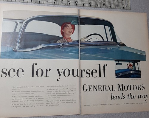 1954 General Motors Vintage 2 Pg Print Ad Chevrolet Pontiac Cadillac Olds Buick