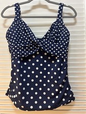 EUC Lands End LANDSEND V Neck Wrap Underwire Tankini Swim Top Navy Dot SZ 10