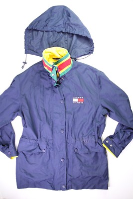 TOMMY HILFIGER VTG 90s Blue RainCoat Jacket Spell Out Windbreaker Womens Sz S