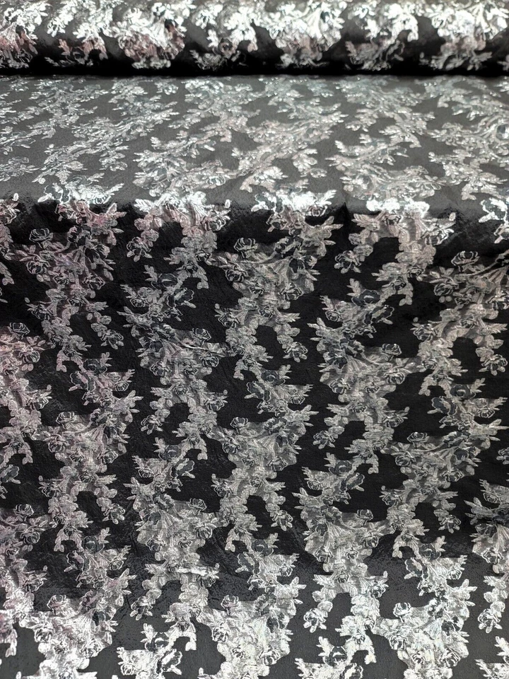 Brocado Negro Organza Metálico Plata Floral Flor Baile de graduación Tela Vendida por Yarda Foto 3 de 4