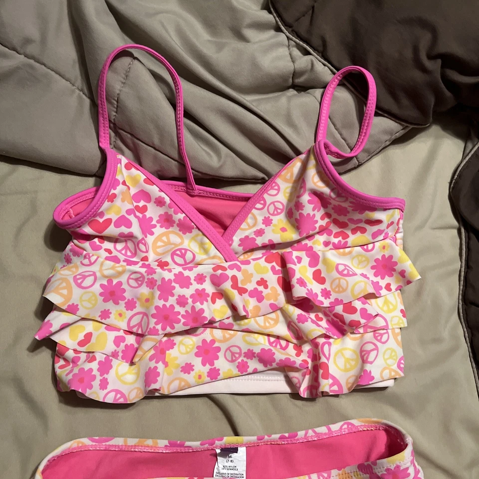 OP Ocean Pacific | Girls 2 Piece Tankini Set Peace Sign Ruffles | M ( 7-8 ) - Image 2 of 4