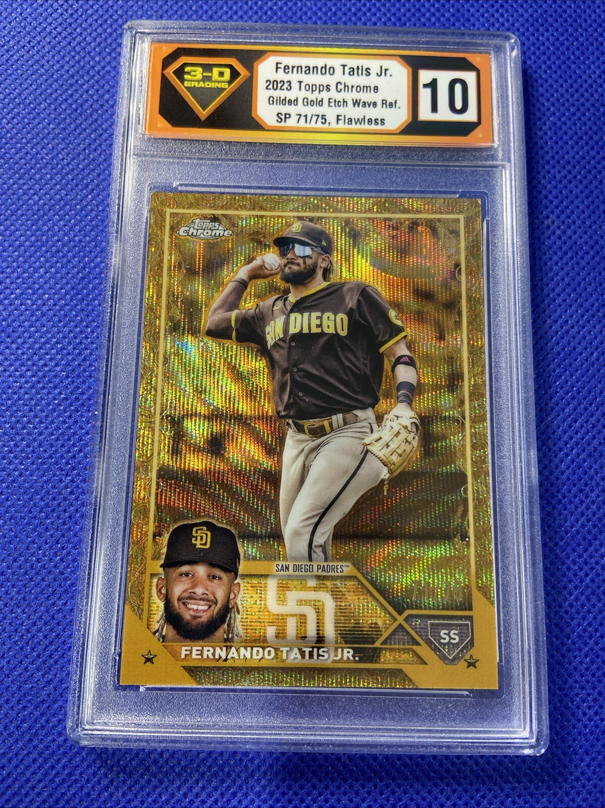 2023 TOPPS CHROME GILDED Gold Etch Wave Ref. /75 FERNANDO TATIS JR 3D Grading 10