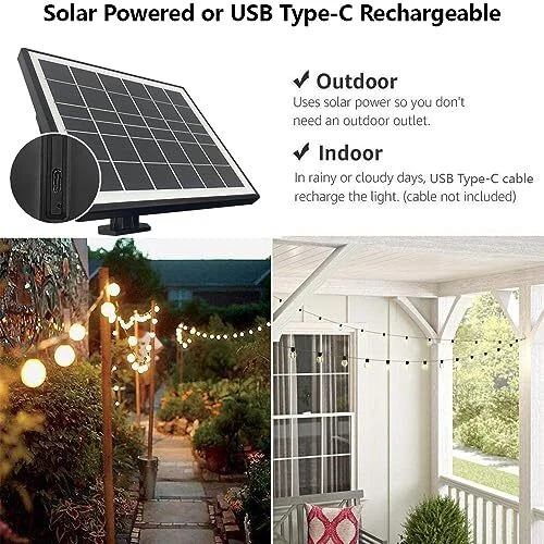 98ft Solar String Lights Outdoor Garden Rechargeable Festoon Light 37 ST38 Bulbs - Picture 12 of 12