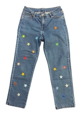 Basic Editions Womens Blue Star Embroidered Straight Leg Jeans Women s Size 10