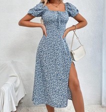 Shein Breezaya Blue White Floral Slit Thigh Tie Front Short Sleeve Dress Large