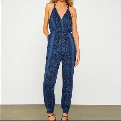 BCBG MAX AZRIA runaway SNAKE-EMBOSSED JUMPSUIT BLUE PYTHON SIZE