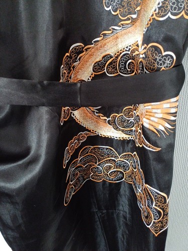 TANGYI MENS KIMONO ROBE BLACK & ORANGE EMBROIDERED SATIN XXL 42 - 48" ORENTIAL - Picture 12 of 19