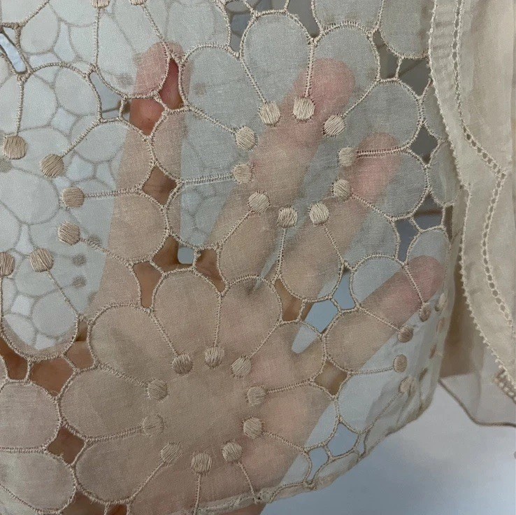 Valentino Spa Sheer Cream Button Up Silk Blend Cap Sleeve Floral Eyelet Top Sz 4 thumbnail 7