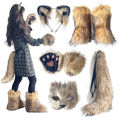 Cat Wolf Fox Ears and Tail Set with Paws, Fluffy Faux Fur Boots for Women, Co...