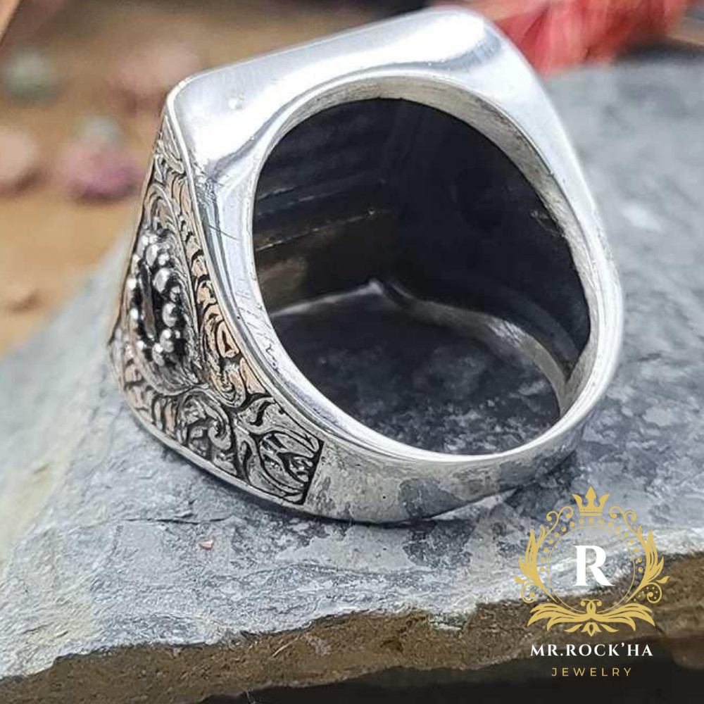 Word of Tawhid Engraving,Star Crescent,Black Zircon Stone,925 Silver Men's Ring