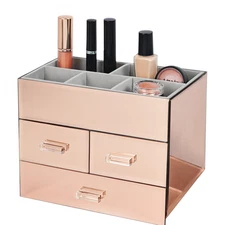 Mirrored Glass Cosmetic Organizer with 3 Drawers and Velvet Lined Compartments