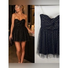 Lulus XS Black Gold Polka Dot Tulle Strapless Mini Dress Party Cocktail Holiday