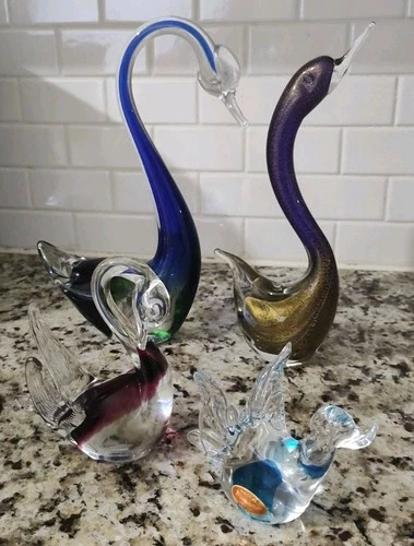 LOT of 4 Vintage Murano ZANE Blown Glass Swans Blue Gold Purple