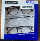 New 3 Pack Foster Grant +2.50 Reading Glasses with 1 Case Free US Ship