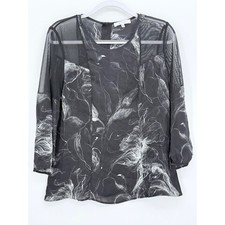 Milly Blouse Womens 8 Black White 100% Silk Sheer Mesh Abstract Floral USA Made