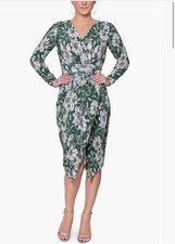 Rachel Roy Sylvia Foil Print Wrap Midi Dress Large Spruce Bloom Floral Green EUC