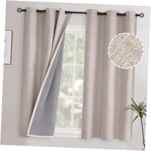 Blackout Linen Curtains 42W x 40L Beige Set of 2 Panels