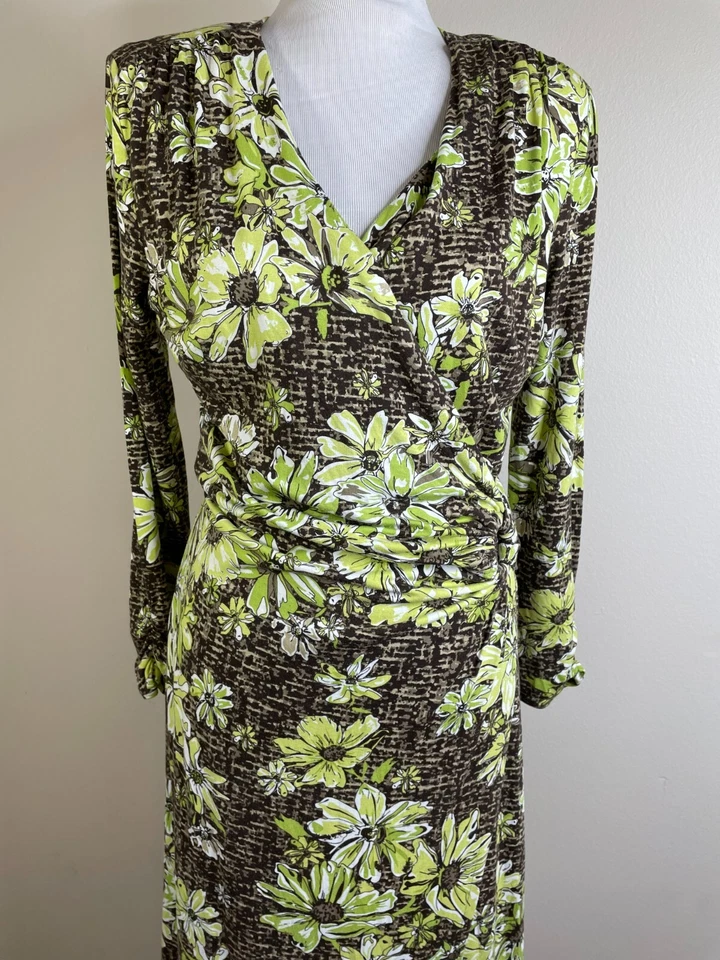 VESTIDO Pendleton Mujer Imitación Envolvente - Talla Mediana Marrón Verde Floral Elastizado Midi Foto 3 de 4