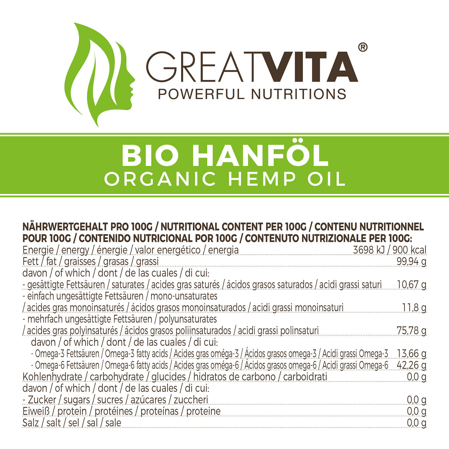 GreatVita Bio Hanföl 2x 500 ml, 100% rein & kaltgepresstes Hanfsamen-Öl 1000ml