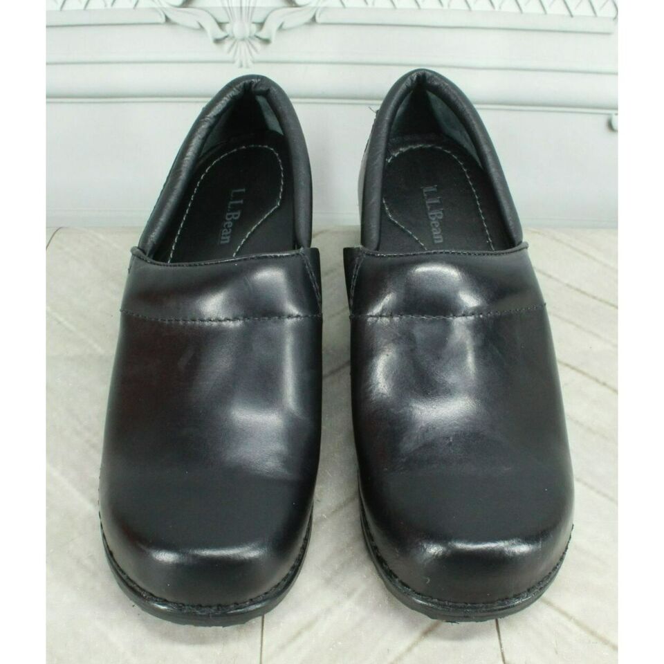 LL Bean Women's Black Leather Slip On Classic Comfort Clogs Shoes Size ...