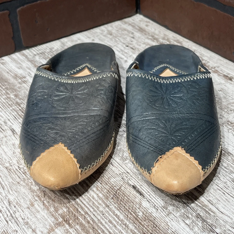 Moroccan Slipper Shoes Babouches Extra Maroc Woman’s Size 8.5 Blue Tan - Image 4 of 4